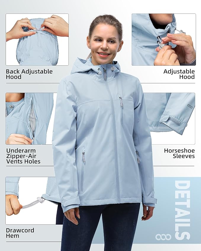 33,000ft Packable Rain Jacket Women Lightweight Waterproof Raincoat with Hood Cycling Bike Jacket Windbreaker