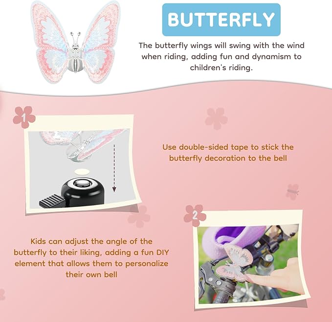 Kid's Bike Bell, Bicycle Horn for Girls, Children’s Bike Bells with Butterfly Design - Cute DIY Bicycle Bell for Girls, Crisp Sound, Easy to Install