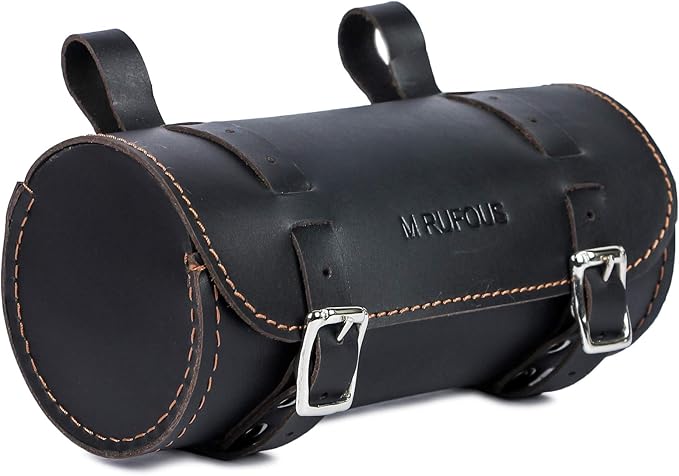 M RUFOUS Genuine Leather Under Seat Handlebar Bicycle Bag - Black, Premium Handcrafted Bicycle Bag with Brass Buckle, Leather Bag for Cell Phone (Free Waterproof Cover)