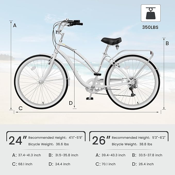 MOPHOTO 24" 26" Adult Bike 7-Speed Beach Cruiser Bike for Adults, Rear Rack, Fenders, Step-Through or Classic Frame