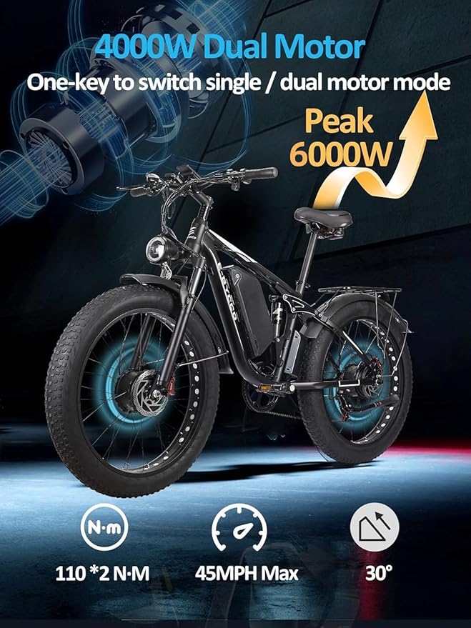 6000W Electric Bike for Adults, 52V 32AH Dual Motor E-Bike, Up to 100Mile & 45MPH All-Terrain Fat Tires Full Suspension 24/26 Inch Electric Bicycles Hydraulic Disc Brake for Road UL2849 by SGS