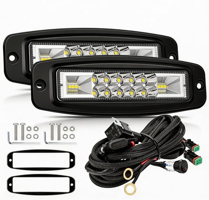 YCHOW-TECH Flush Mount LED Pods 2PCS 6inch 60W Off Road LED Pod Lights Bumper LED Work Light with DT Wiring Harness Kit Combo Beam Flush Mount Fog Lights Waterproof for Truck Pickup SUV UTV ATV