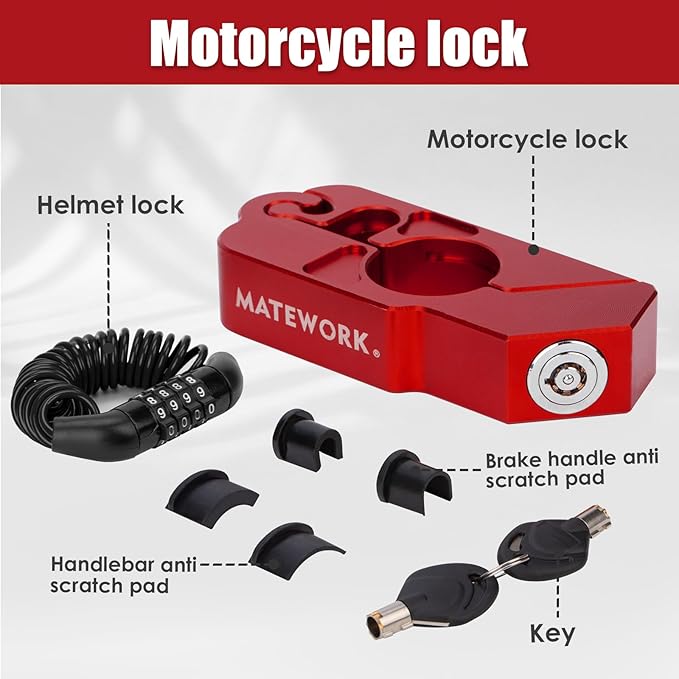Motorcycle Lock Anti Theft Heavy Duty, Motorcycle Handlebar & Brake Lock with Helmet Lock, Bike Lock, Universal for All Bike Motorcycle Red