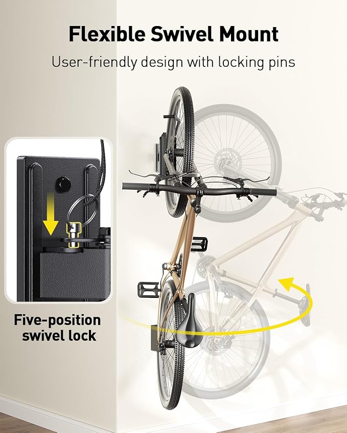 Alphamount AM Swivel Bike Wall Mount, Metal Wall Bike Rack with Durable Sleeves, Space-Saving Vertical Bike Rack with 180° Swivel for Home and Garage, Bike Wall Mount Up to 66 lbs, 4-Pack