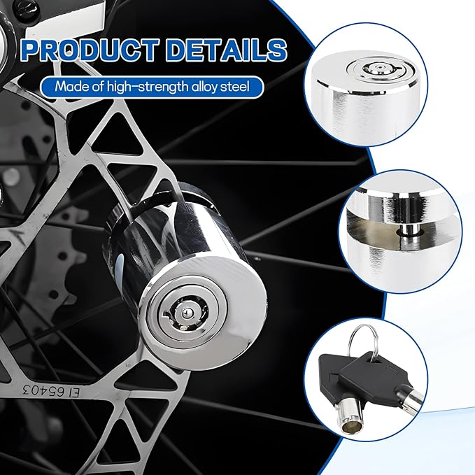 Motorcycle Disc Brake Lock, Anti-Theft Motorbike Security Wheel Disc Brake Lock with Two Keys, Safety Wheel Disk Locks for Scooter Mountain Road Bike Bicycle Powersports (Large Cylinder)