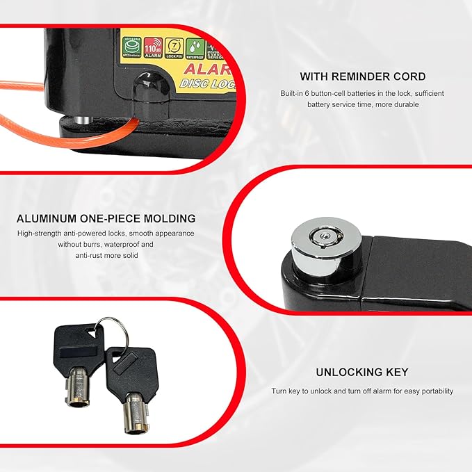 Alarm Disc Lock Set, 110dB Alarm Sound Anti-Theft Security Brake Padlock with 5ft Reminder Cable, Waterproof Battery Powered Disc Brake Lock for Motorcycle Bicycle Scooter (Black)