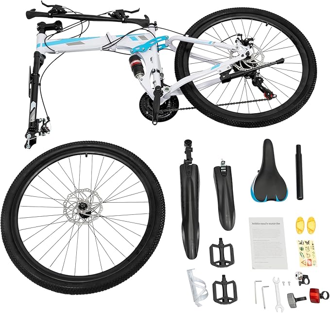 26" Mountain Bike Folding 21 Speed Full Suspension High Carbon Steel Bike Bicycle Adjustable Saddle Height, Dual Disc Brakes Non-Slip Folding Bike, Adult/Men/Ladies Mountain Bike
