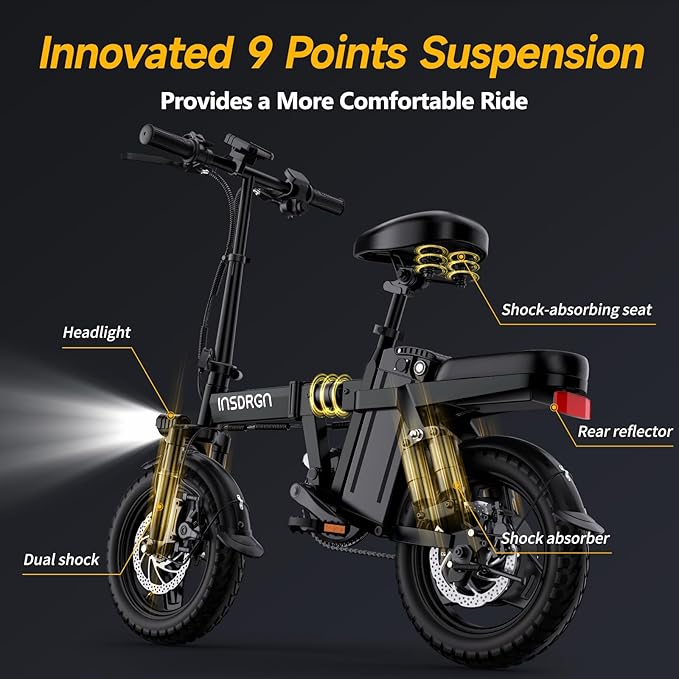 Folding Electric Bike for Adults Teens, Peak 1500W, 62 Miles PAS Range, 48V 16AH Removable Li Battery Ebike, 9 Shocks Full Suspension, 20 MPH Electric Bicycle, UL2849 Certified