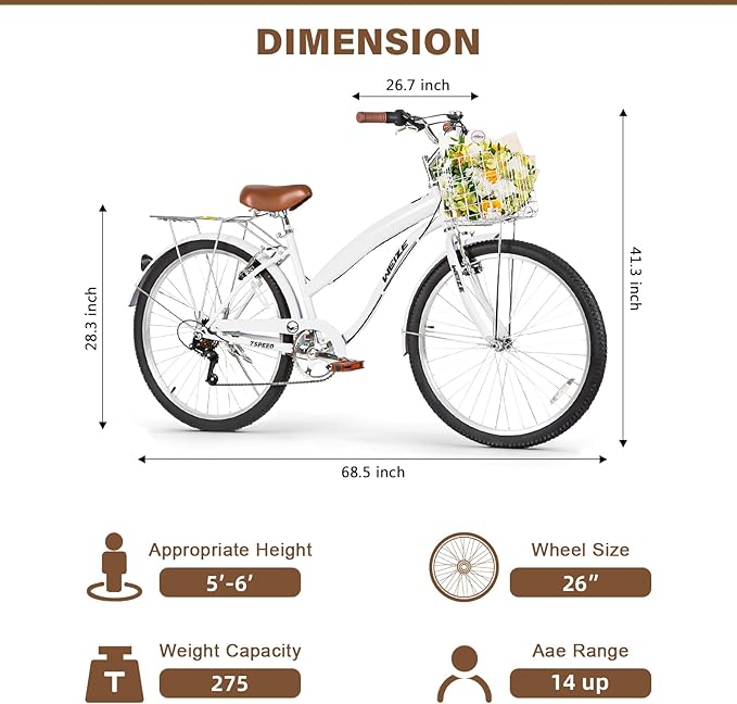 WEIZE Beach Cruiser Bike, 26 inch Commuter Bicycle for Adult Men and Women,High-Carbon Steel/Front & Rear Fenders, Comfortable City Bikes with Rear Rack or Basket, Ergonomic Upright Design