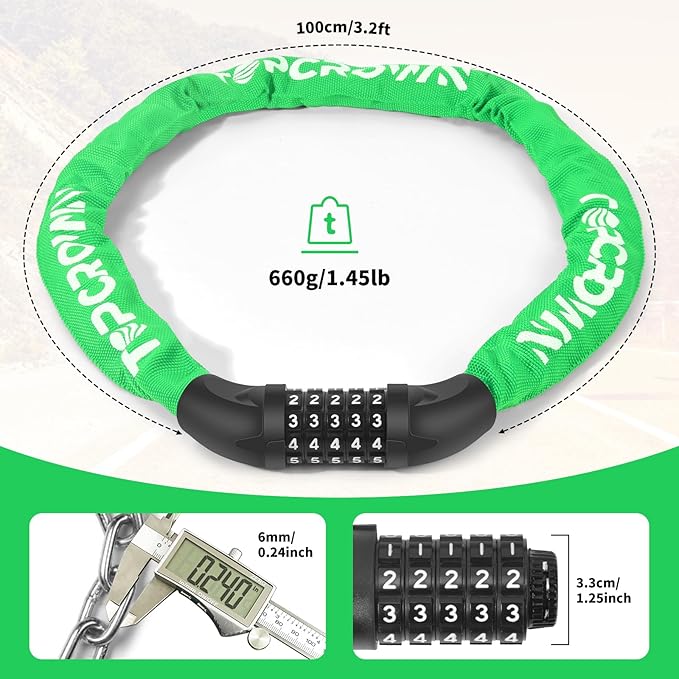 Bike Chain Lock 3.2Ft Long High Security Heavy Duty Anti Theft, 5 Digit Combination Resettable Keyless Bicycle Lock for Bike/Electric Scooter/Ebike/Motorcycle(Green)