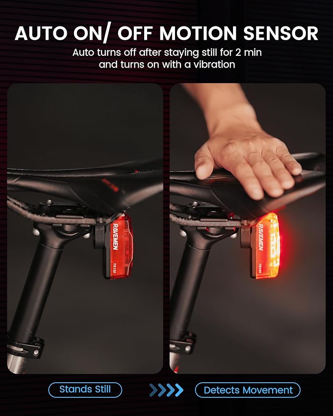 RAVEMEN TR150/TR250 Bike Tail Light, 280° Visible Bike Rear Light with Brake Detection and Auto On Off Feature, 3 Mounting Options