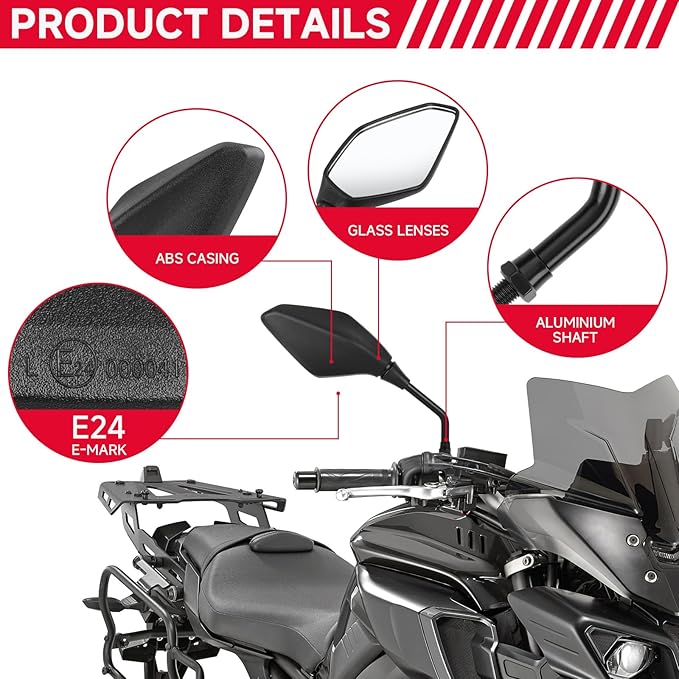 DREAMIZER Motorcycle Rear View Mirror - with M8 M10 Threaded Bolts, 7/8" Handlebar Mirror Mount Compatible with Honda Yamaha Suzuki Kawasaki