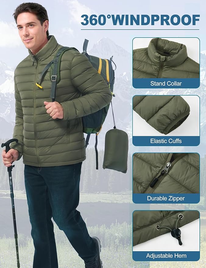 Men's Lightweight Packable Puffer Jacket Insulated Warm Winter Jackets Puffy Coat for Ski Hiking Travel