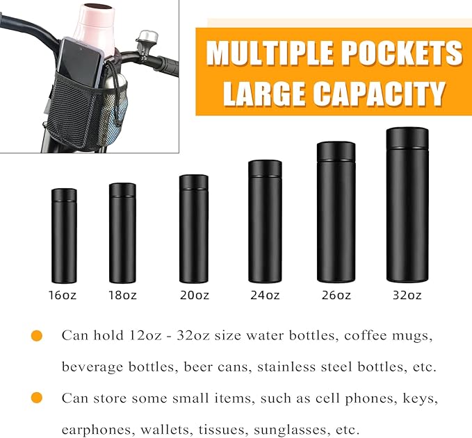 Bike Cup Holder With Mesh Oxford Pocket - Handlebar Water Bottle and Phone Holder for Mountain, Road, e-Bike, Kids Bikes, Wheelchairs, Cruisers