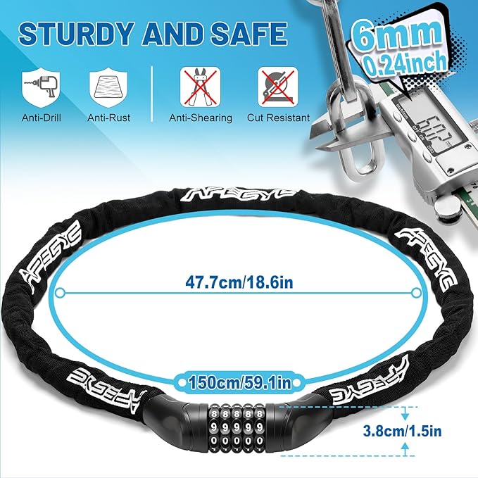 Heavy Duty Bike Chain Lock – 5 Digit Combination Anti-Theft Bicycle Lock, 3FT/4FT/5FT Hardened Steel Square Links for E-Bike, Motorcycle, Scooter, Gate