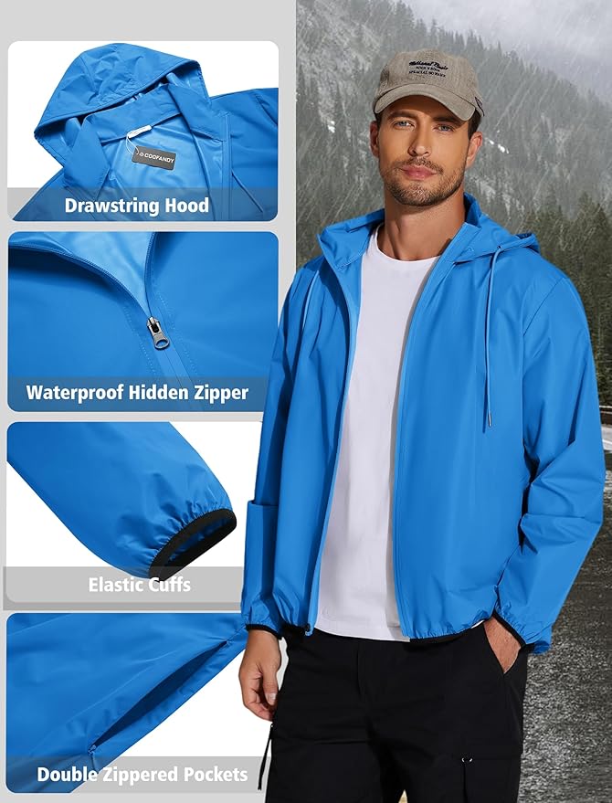 COOFANDY Men's Light Rain Jacket with Hood Packable Waterproof Raincoat Golf Rain Gear Travel Hiking Windbreaker