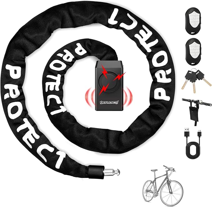 4Ft Bike Chain Lock with Alarm - 8mm Security Heavy Duty Bike Chain Lock with Keys,110dB Anti-Theft Alarm with Remote Control,Rechargeable Waterproof Bike Lock for Bicycle,Scooter,Motorcycle