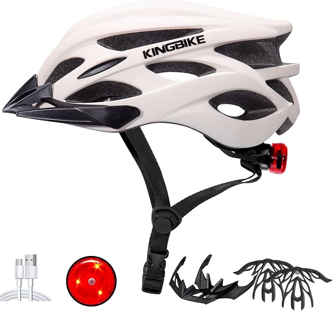 KINGBIKE Bike Helmet for Adult Men Women Youth Road Commute Mountain Cycling Helmets with USB Rechargeable Light Replaceable Padding and Visors Lightweight 20.4-23.6in