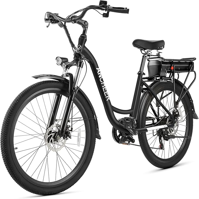 ANCHEER Electric Bike for Adults, 48V 500Wh EBike, UP to 60 Miles, Removable Battery, Fast-Charge, 26" Commuter Electric Bicycles, 7-Speed, LCD Digital Display, Suspension Fork, Cruise Control, UL2849
