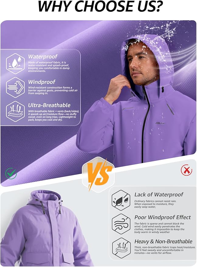Men's Rain Jacket Waterproof Windproof Breathable for Hiking Cycling Commuting with Hood & Pockets