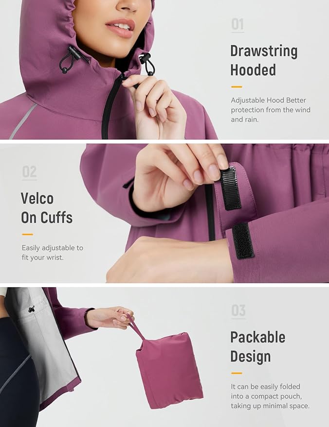 baleaf Women's Rain Jackets Waterproof Windbreaker Packable Lightweight Cycling Running Jacket Hiking Gear Reflective Hooded