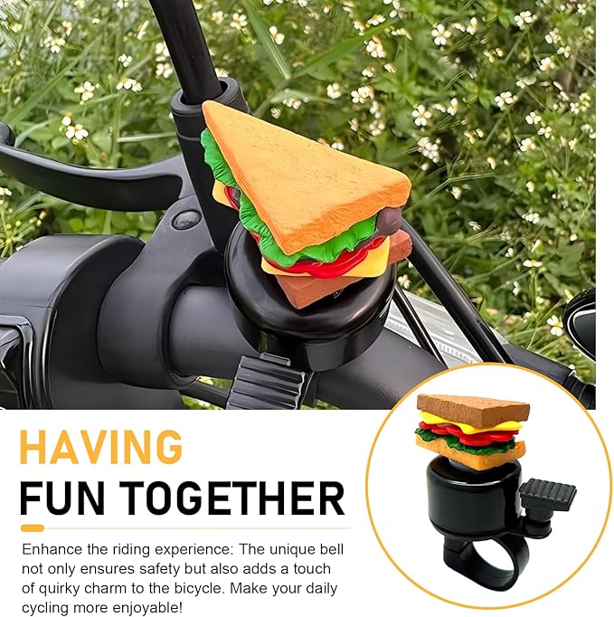 Bike Bell, Cute Sandwich Shaped Aluminum Alloy Bicycle Bell with Loud Crisp Clear Sound, Funny Decorative Cycling Accessory, Universal for Balance, Scooters, Bikes (Yellow)