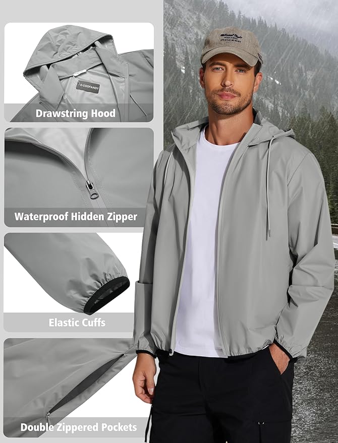 COOFANDY Men's Light Rain Jacket with Hood Packable Waterproof Raincoat Golf Rain Gear Travel Hiking Windbreaker