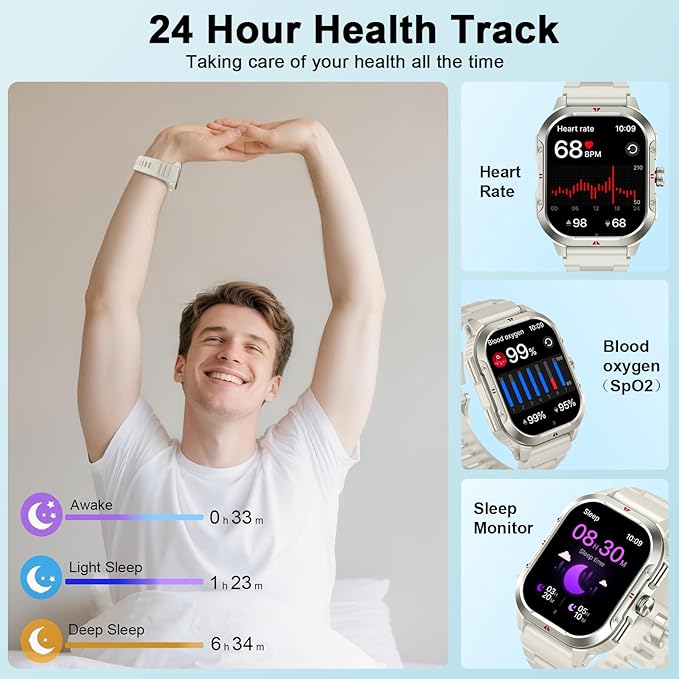 Smart Watch for Men Android/iPhone, 2.06" HD Anti-impact Touchscreen GPS Smartwatch with Heart Rate/SpO2/Sleep/Monitor, Answer/Make Call/Notifications, Fitness Watch IP68 Waterproof, 100+ Sport Mode