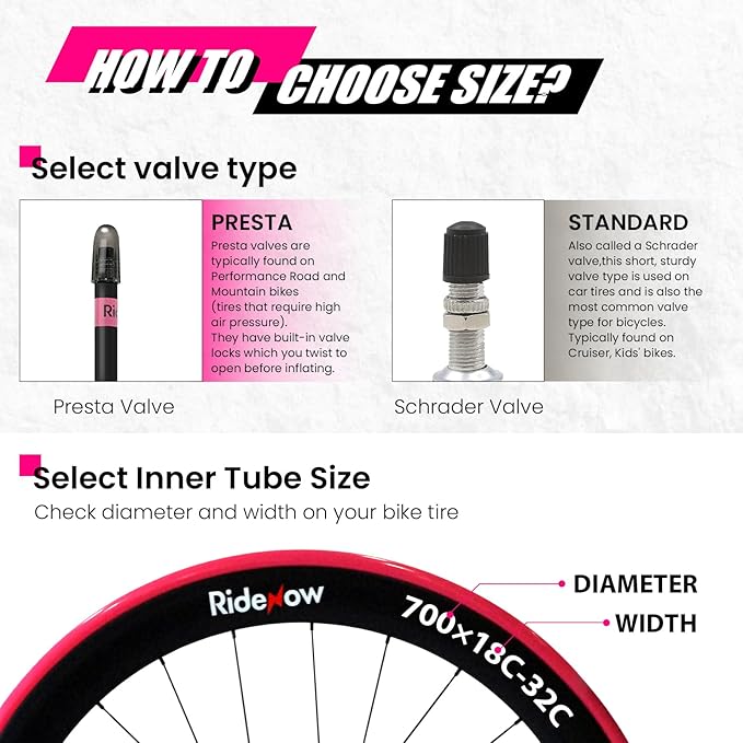 Ridenow 4-Pack Bike Inner Tube for 700/18C-28C, 700/18C-32C with 65/85 mm Metal &TPU Presta Valves for Road Bikes, Super Light Puncture Resistant Bicycle Inner Tube(Include Patch Repair Kits)