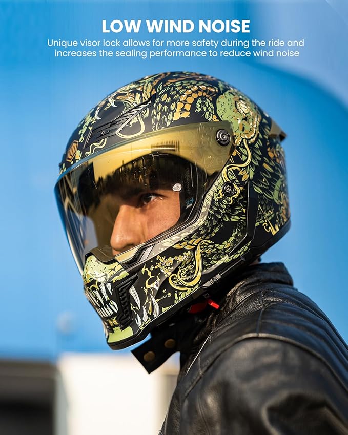 ILM Motorcycle Helmets for Adult Men Women Full Face DOT ECE Powersports Dual Visor Street Racing Helmet with Pinlock Cascos para Motos Model MF509 (Mythology Gold, XL)