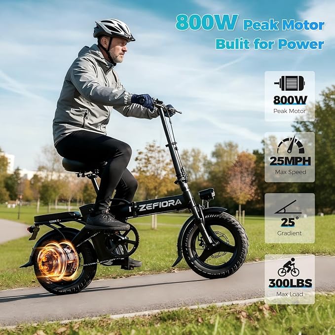 Electric Bike for Adults Teens, 800W Peak Motor, 25MPH Folding Ebike, 30 Miles, 48V 10AH Removable Battery, 14" Foldable Electric Mini Bike for Commute Outdoor