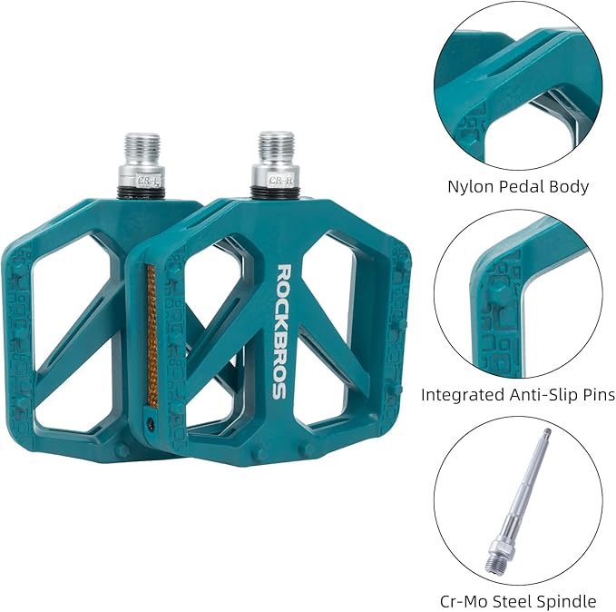 ROCKBROS Mountain Bike Pedals MTB Pedals Bicycle Flat Pedals Nylon 9/16" Sealed Bearing Lightweight Design for Road Mountain BMX MTB Bike