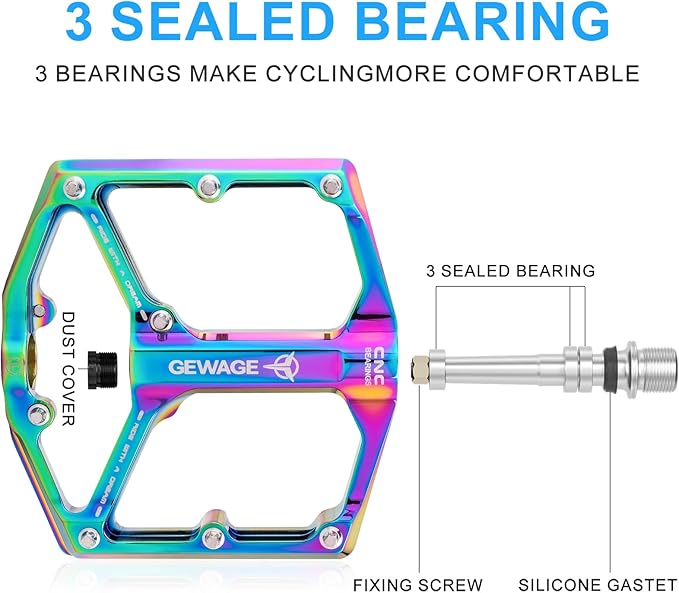 Road/Mountain Bike Pedals - 3 Bearings Bicycle Pedals - 9/16” CNC Machined Flat Pedals with Removable Anti-Skid Nails