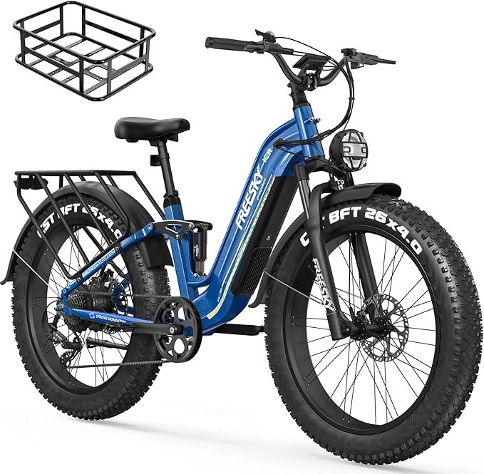 FREESKY Wildcat Ultra 3000W Electric Bike for Adults 105mile Long Range Step-Thru Ebike Motor 37MPH Dirt E Bike 25Ah Samsung Battery 26'' Fat Tire Electric Bicycle Full Suspension for Commute