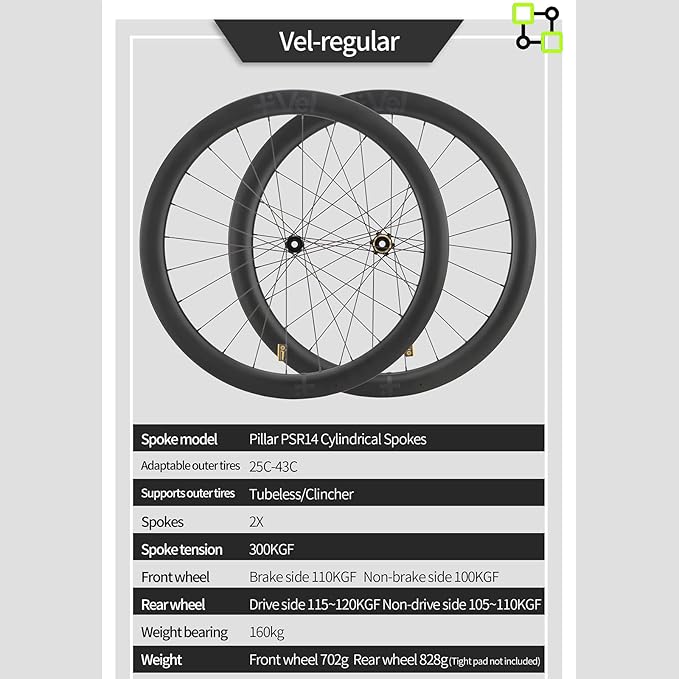 MEROCA VEL Road Bike Carbon Wheelset 700C Clincher Wheelset 50/60mm Deep Disc Brake Clincher/Tubeless Ready, 36T Ratchet Hub, Pillar Spokes
