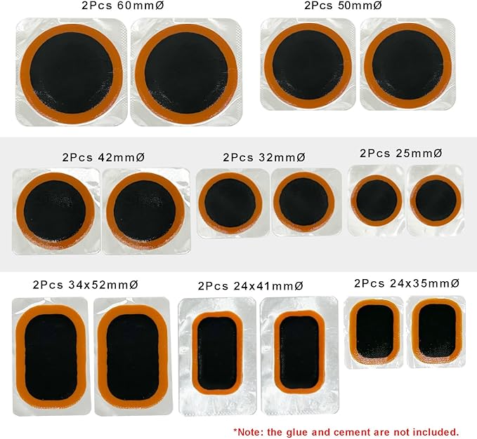 PAX 16 Pcs Inner Tube Patch Refills. Contains 2Pcs X 25mmØ/ 32mmØ/ 42mmØ/ 50mmØ/ 60mmØ, 2 Pcs X 24x41mm/ 24x35mm/ 34x52mm. Suitable for Bicycle, Motorcycle, Scooter, River Floating, Inflatable Rubber