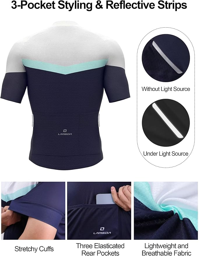 LAMEDA Men's Cycling Jersey Breathable Lightweight Short Sleeve Elastic Pro Road Bike Shirt Full Zip