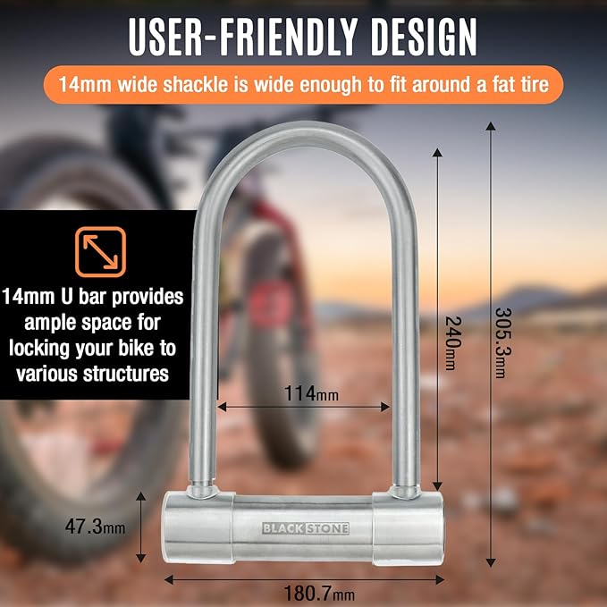 BLACKSTONE Stainless Steel U Bike Lock - 130dB Alarm, Reinforced 14mm Shackle - Ideal for Urban Cyclists & E-Bikes w/Double-Looped Steel Cable