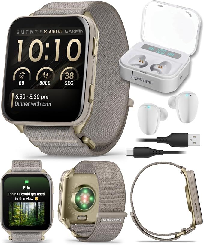 Wearable4U Garmin Venu X1 Thin and Lightweight GPS Smartwatch, AMOLED Display, Advanced Health & Fitness Features, Soft Gold w/Titanium Caseback & French Gray Nylon Band White Earbuds Bundle