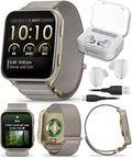 Wearable4U Garmin Venu X1 Thin and Lightweight GPS Smartwatch, AMOLED Display, Advanced Health & Fitness Features, Soft Gold w/Titanium Caseback & French Gray Nylon Band White Earbuds Bundle