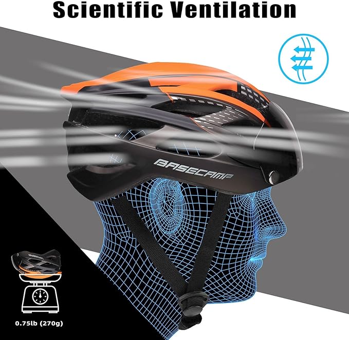 Bike Helmet, Basecamp Bicycle Helmet with Rear Light & Detachable Magnetic Goggles Lightweight Cycling Helmet Adjustable for Adult Men Women Mountain & Road (BC-069)