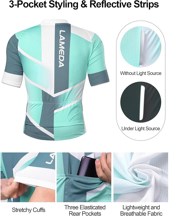 LAMEDA Men's Cycling Jersey Breathable Lightweight Short Sleeve Elastic Pro Road Bike Shirt Full Zip