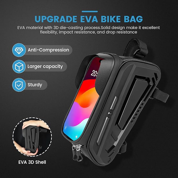 Bike Frame Bag, EVA Hard Shell Bag with 2.0L Capacity,Top Tube Bicycle Storage with 6.8" Touch screen Phone Holder, Handlebar Bike Storage Bag Cycling Pouch for MTB & Road Bikes.