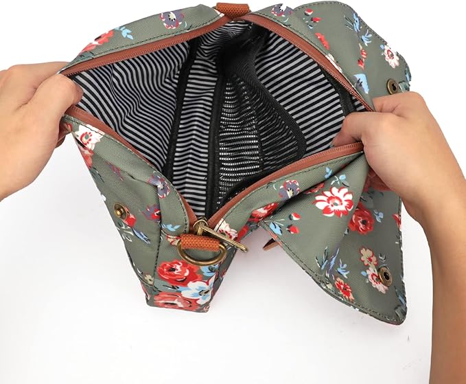 TOURBON Bike Bag Waxed Canvas Bicycle Handlebar Bag Zipper Closure Pouch Crossbar Front Frame Basket Cycling Saddebag Under Seat Strap-on Rear Rack Pannier (Green with Flower)