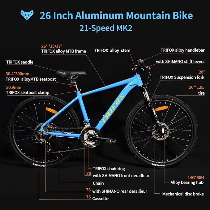 TRIFOX Aircraft-Grade Aluminum Alloy 26 Inch Mountain Bike with Shimano 21 Speed, Front Suspension Frok, Dual Disc Brakes, 15/17 Inch Frame for Men Women Boys and Girls