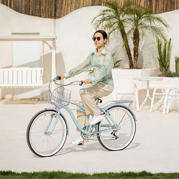 ACEGER 24 26 Inch Women Beach Cruiser Bike, Single Speed and 7 Speed, Adult Hybrid Bike Commuter Bicycle, Hi-Ten Steel Frame with Adjustable Handlebar and Saddle, Multiple Colors