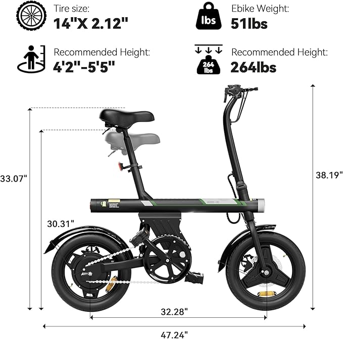 Mini Foldable Electric Bike for Adults, 750W Peak Folding Ebike, 36V 7.8Ah Battery 15 Miles, 14" Small Adult Electric Bicycle for Commuting (Ebike, Black)