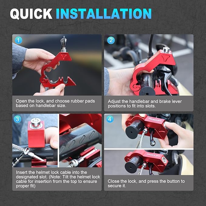 Motorcycle Lock Combo - Helmet and Brake Anti-Theft Grip for All Motorcycle, Bike, ATV, Scooter With Handlebar Diameters Within 1.3-1.5 Inches (Red)