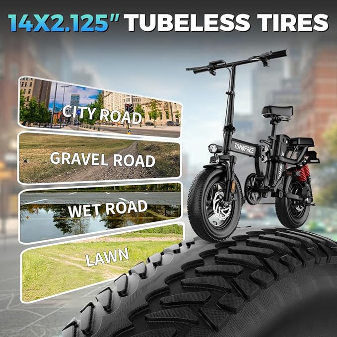 Tomofree 750W Folding Electric Bike, 48V 20AH Removable Battery, 20-25MPH, 14''x 2.1'' Tire, 25-35miles PAS, Front/Full Suspension, 200lbs Load Ebike for Adult, Adult Electric Bicycles for Commute