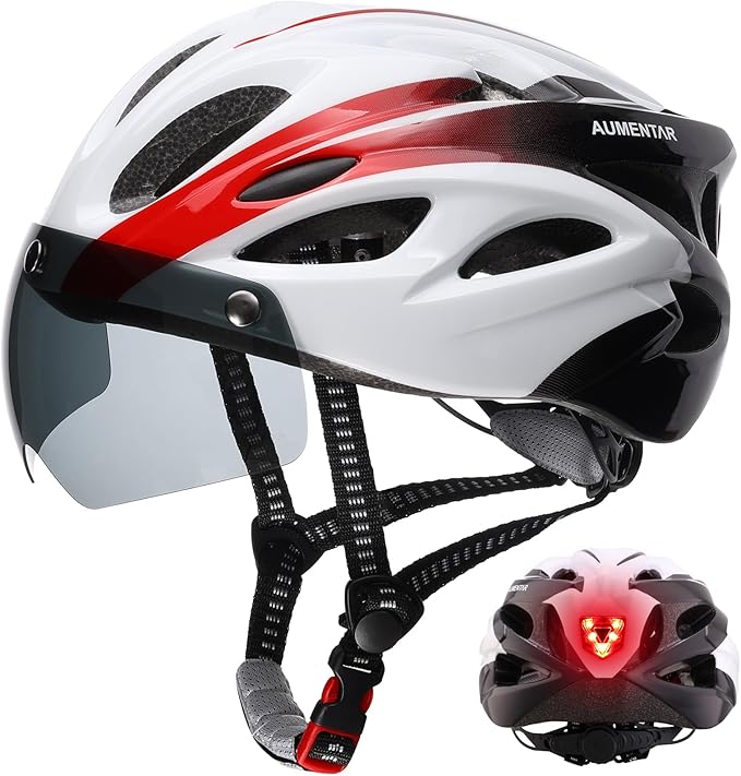Adult Bike Helmet, Bicycle Helmet with Rear LED Light & Detachable Magnetic Goggles,Cycling Helmet Adjustable for Men Women Mountain & Road